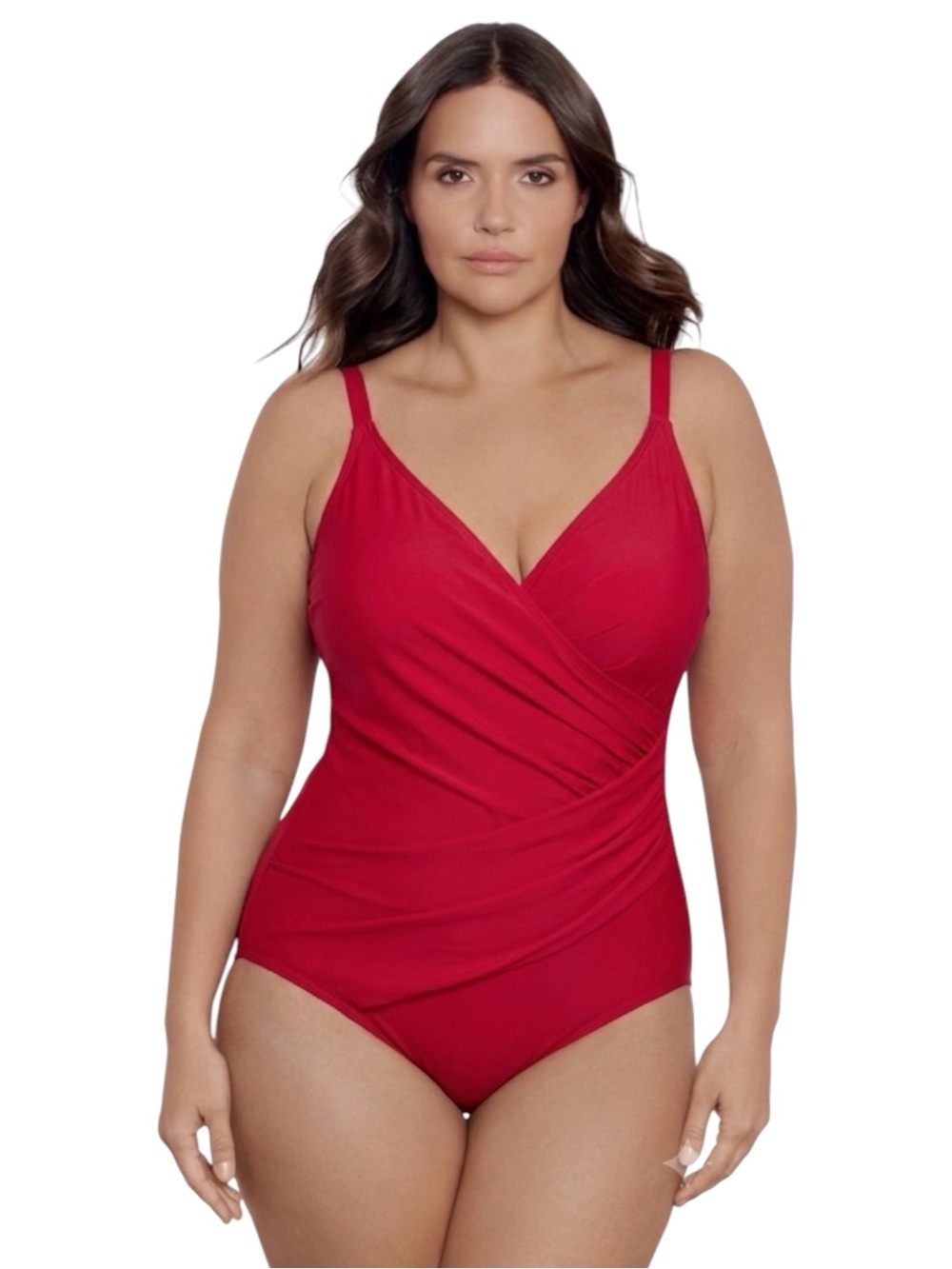 Miradonna Miraclesuit NEW Red Ruched Sz 18 Faux Wrap 1PC Tummy Control Swimsuit